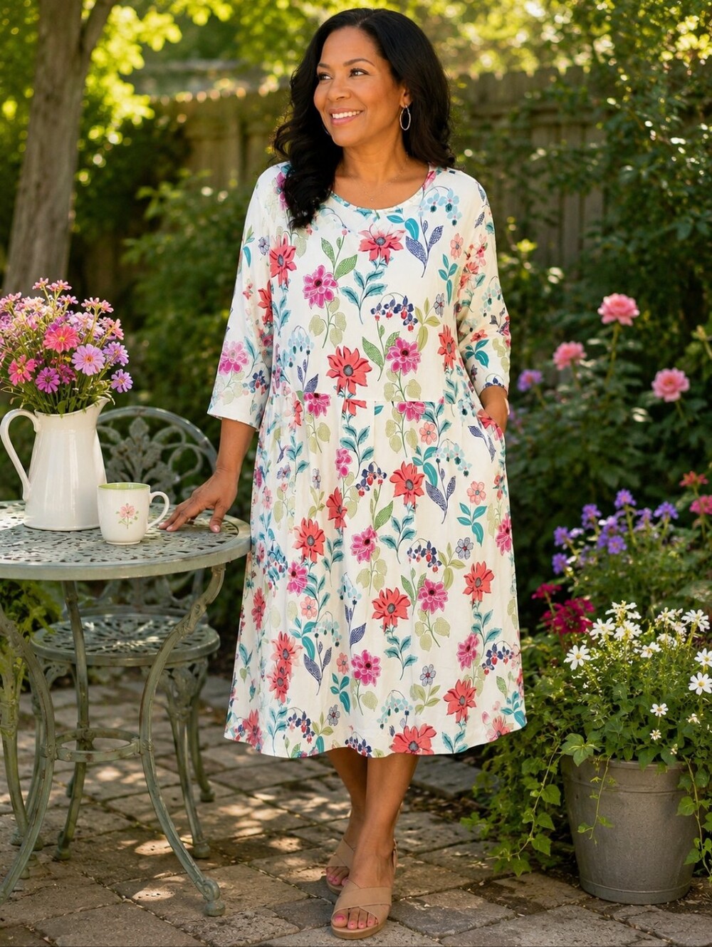 J. Jill Wearever Collection Floral Dress 3X Women’s Cream Stretch Midi Casual NW
